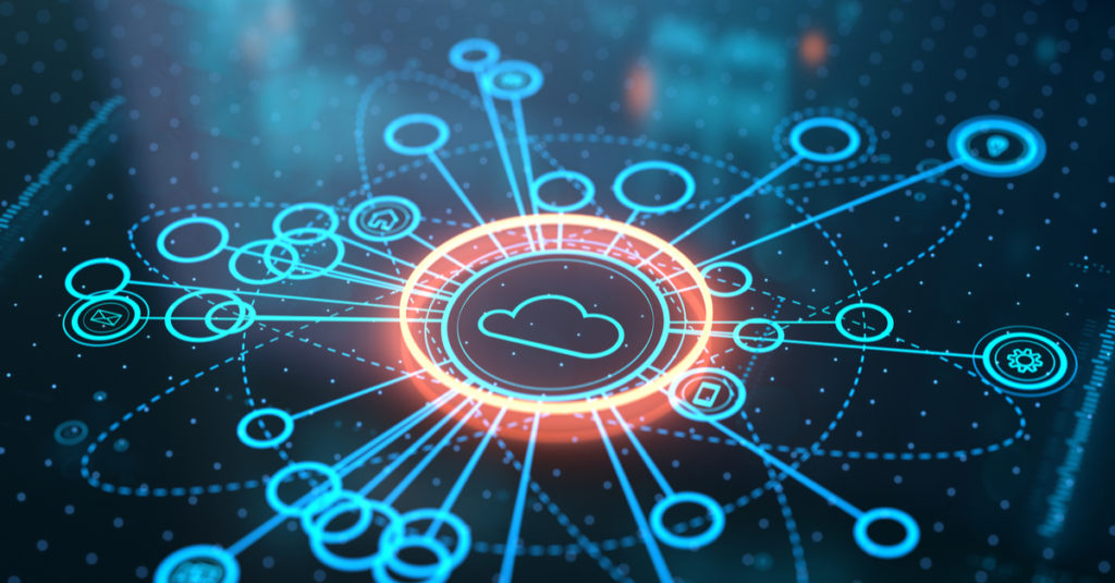 Blue line and with circles on the end on a digital abstract background. In the middle there is a orange circle with an image of a cloud in the middle.